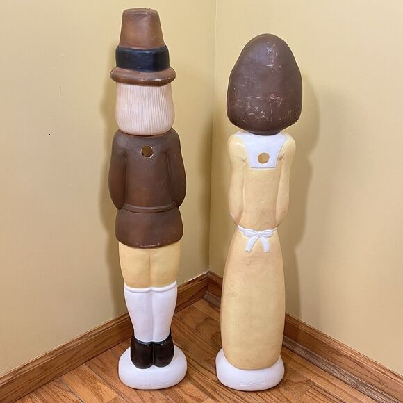 VTG Don Featherstone Blow Mold Pilgrim Couple Thanksgiving Light Up Man & Woman - Picture 3 of 16